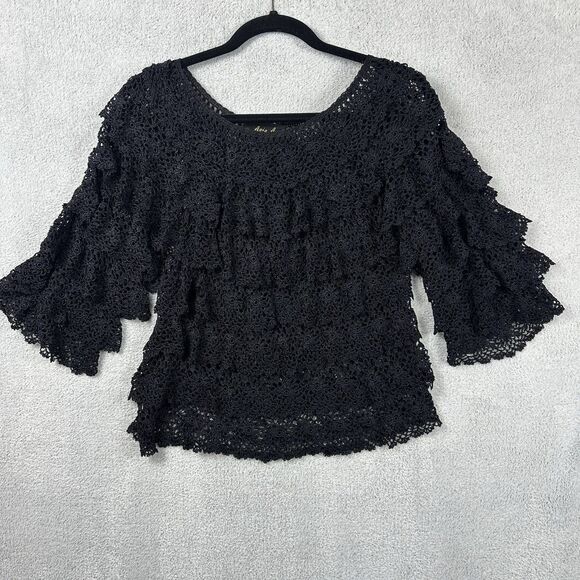 Whimsigoth Black Crochet Lace Silk Top L/XL Tiered Ruffle Fairy Boho Festival - Picture 1 of 7